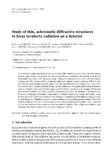 Study of thin, achromatic diffractive structures to focus terahertz radiation on a detector