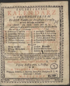 Polski i Ruski Kalendarz z Prognostykiem Ná Rok Páński […] 1702 […]