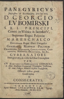 Panegyricus Illustrissimo & Excellentissimo Domino, D. Georgio Lubomirski […] Supremo Regni Poloniæ Mareschalco [...]