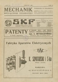 Mechanik : miesięcznik techniczny, Rok IX, Sierpień 1927, Zeszyt 8