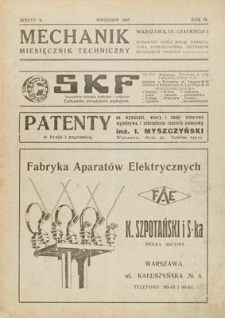Mechanik : miesięcznik techniczny, Rok IX, Wrzesień 1927, Zeszyt 9