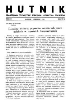 Hutnik : czasopismo poświęcone sprawom hutnictwa polskiego. R. 13, październik 1946, Zeszyt 10