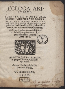 Ecloga Aristaeus. Scripta De Morte [...] Valentini Fridlandi Trozedorfii, [...]