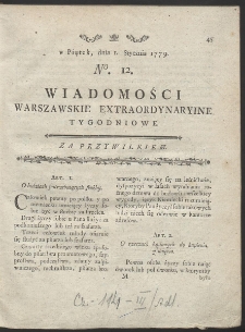 Wiadomości Warszawskie Ekstraordynaryjne Tygodniowe. R. 1779 Nr 12
