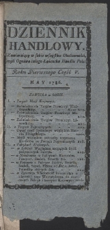 Dziennik Handlowy. Zawieraiący w sobie wszystkie Okoliczności czyli Ogniwa całego Łańcucha Handlu Polskiego. R. 1786 (Maj)