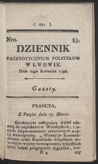 Dziennik Patryotycznych Politykow w Lwowie. R. 1796 Nr 85