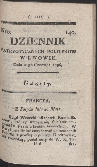 Dziennik Patryotycznych Politykow w Lwowie. R. 1796 Nr 140