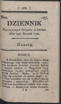 Dziennik Patryotycznych Politykow w Lwowie. R. 1796 Nr 187