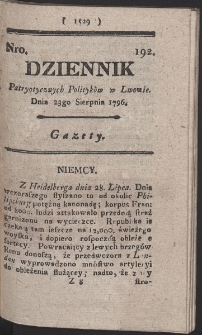 Dziennik Patryotycznych Politykow w Lwowie. R. 1796 Nr 192