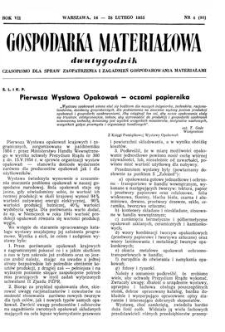 Gospodarka Materiałowa : dwutygodnik : czasopismo dla spraw zaopatrzenia i zagadnień gospodarowania materiałami, Rok VII, 16-28 lutego 1955, nr 4 (98)