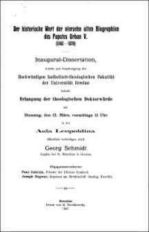 Der historische Wert der vierzehn alten Biographien des Papstes Urban V. (1362-1370) : Inaugural-Dissertation
