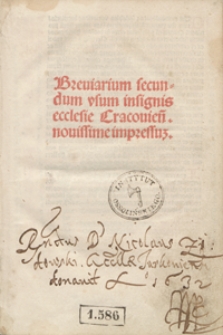 Breviarium secundum usum insignis ecclesie Cracovien[sis] novissime impressus