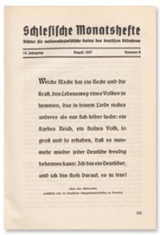 Schlesische Monatshefte : Blätter für Nationalsozialistische Kultur des Deutschen Südostens. 14. Jahrgang, August 1937, Nummer 8