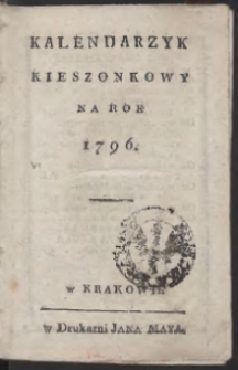 Kalendarzyk Kieszonkowy Na Rok 1796