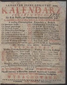 Kalendarz Polski y Rvski Na Rok […] 1738 […] / Przez […] Stanisława z Łazów Dvnczewskiego […] Wyrachowany
