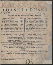 Kalendarz Polski y Ruski Na Rok […] 1750 […] / Przez […] Stanisława z Łazów Dunczewskiego […] Wyrachowany