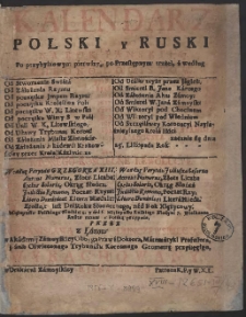 Kalendarz Polski y Ruski Na Rok […] 1767 […] / Przez […] Stanisława z Łazów Dunczewskiego […] Wyrachowany
